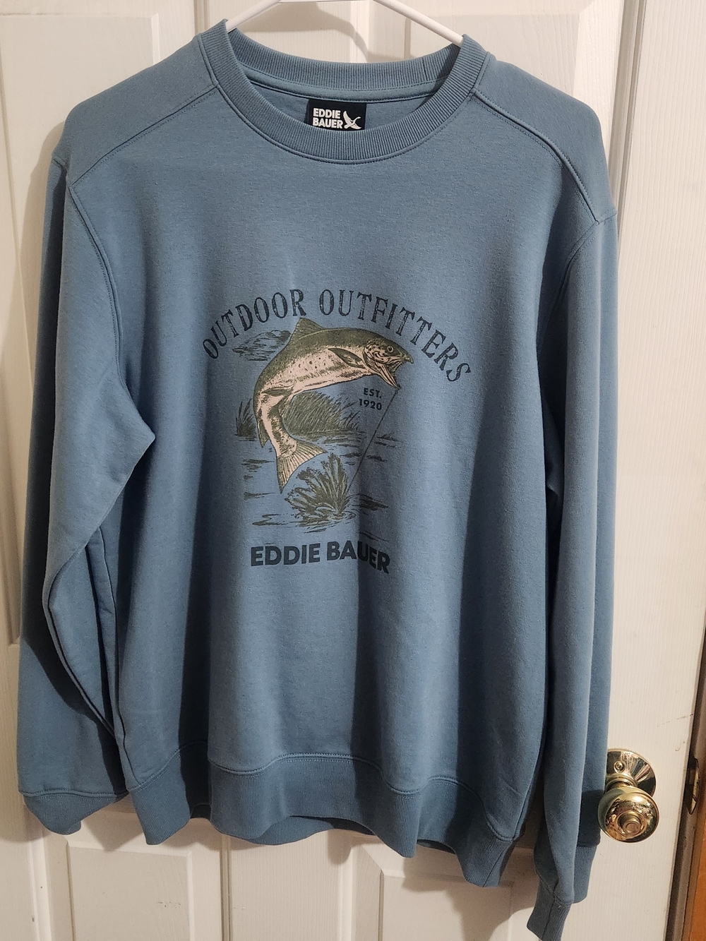 Eddie Bauer Blue Crewneck Sweatshirt with Fish Outdoor Outfitters Graphic